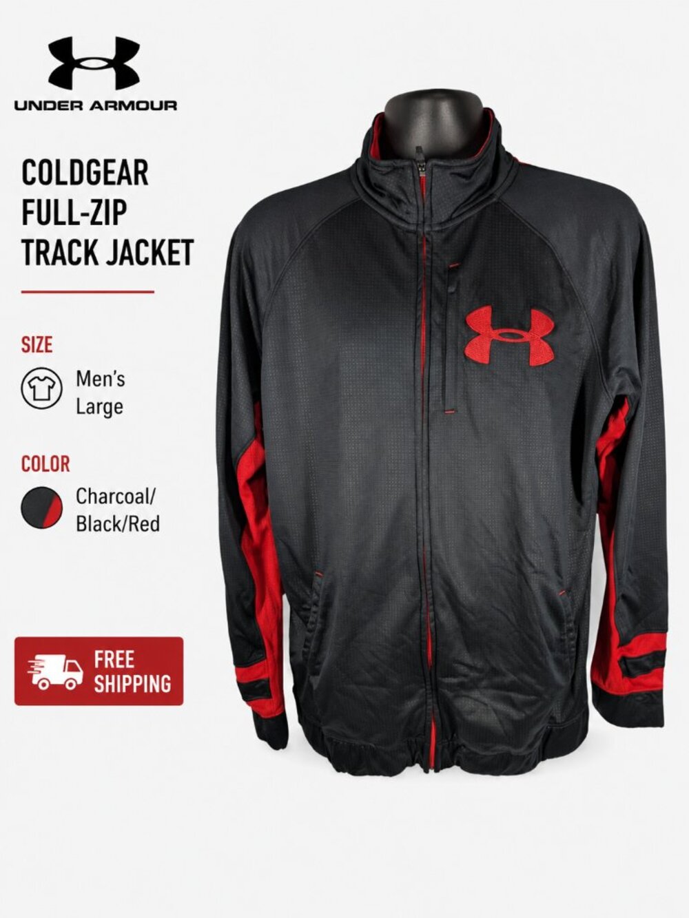 Under Armour ColdGear Full Zip Track Jacket Men's Large Black Red 1232164